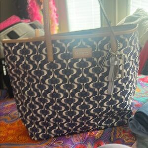 Coach Blue and White Geometric Tote Bag